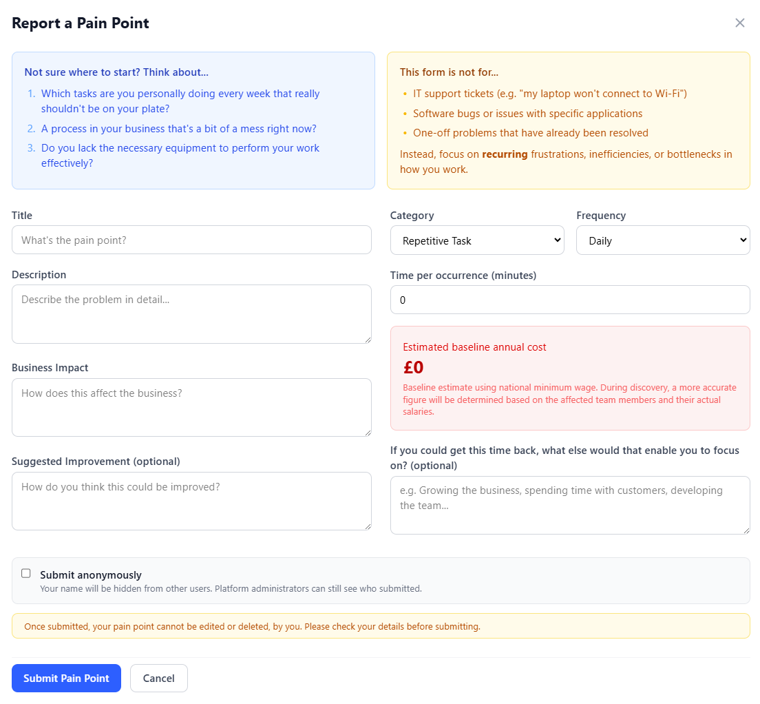 Report a Pain Point form